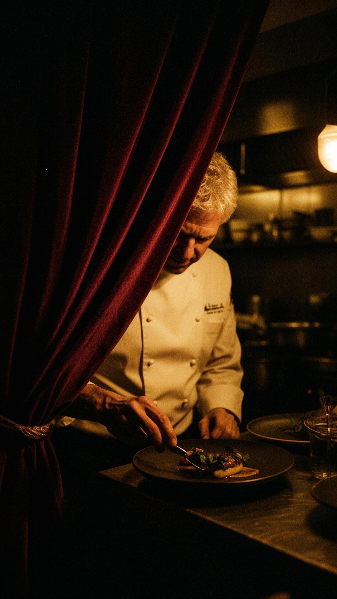 Chef Jason Paskewitz plating behind a velvet curtain